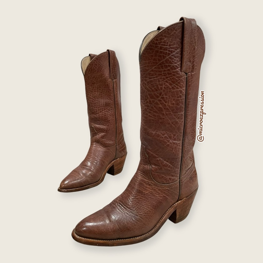 1980s VINTAGE Frye Real Leather Pull On Grainy Brown Pull On Western Cowboy Boot - Picture 8 of 16
